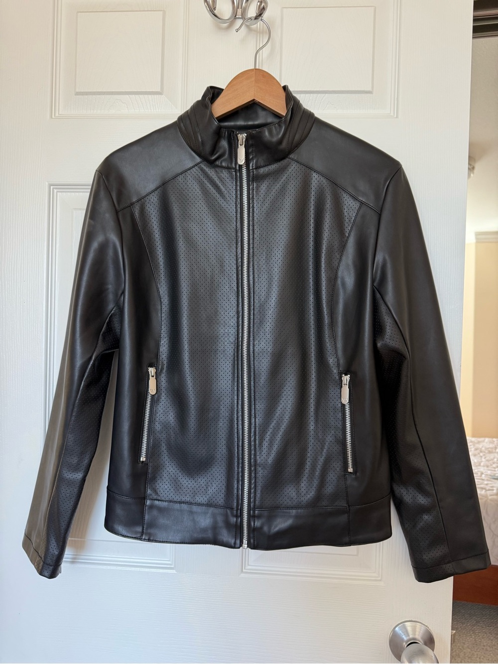 New White Mark Black Perforated Faux Leather Bomber Jacket